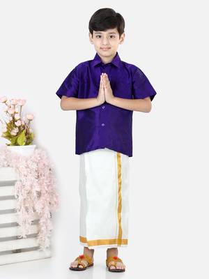 BownBee South Indian Mundu Dhoti with Half SleeveSilk Blend Shirt - Purple 1