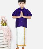 BownBee South Indian Mundu Dhoti with Half SleeveSilk Blend Shirt - Purple