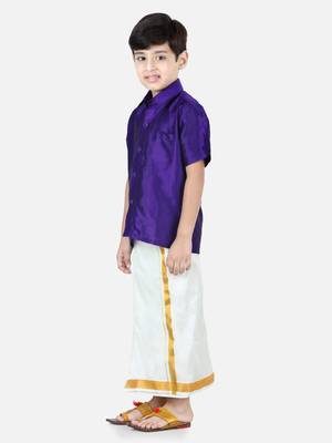 BownBee South Indian Mundu Dhoti with Half SleeveSilk Blend Shirt - Purple 3