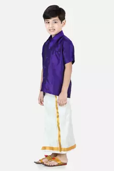 BownBee South Indian Mundu Dhoti with Half SleeveSilk Blend Shirt - Purple