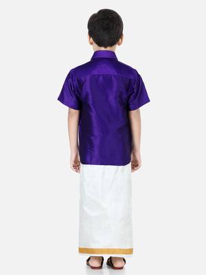 BownBee South Indian Mundu Dhoti with Half SleeveSilk Blend Shirt - Purple 4