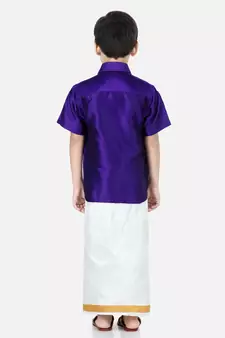 BownBee South Indian Mundu Dhoti with Half SleeveSilk Blend Shirt - Purple
