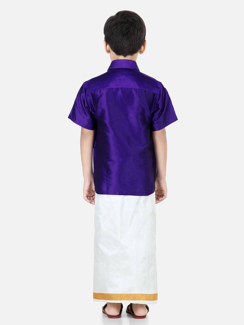 BownBee South Indian Mundu Dhoti with Half SleeveSilk Blend Shirt - Purple