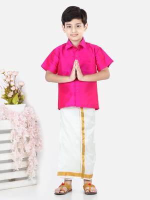 BownBee South Indian Mundu Dhoti with Half SleeveSilk Blend Shirt - Pink 1