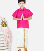 BownBee South Indian Mundu Dhoti with Half SleeveSilk Blend Shirt - Pink