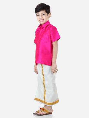 BownBee South Indian Mundu Dhoti with Half SleeveSilk Blend Shirt - Pink 3