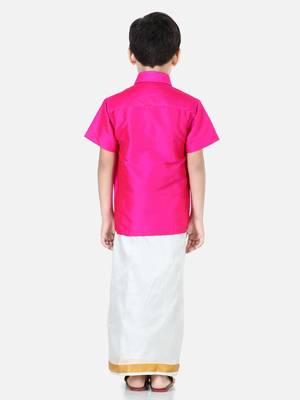 BownBee South Indian Mundu Dhoti with Half SleeveSilk Blend Shirt - Pink 4
