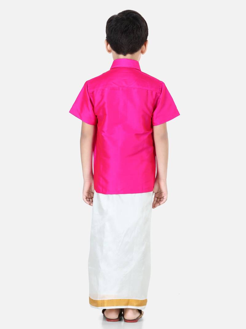 BownBee South Indian Mundu Dhoti with Half SleeveSilk Blend Shirt - Pink