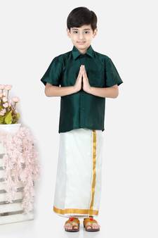 BownBee South Indian Mundu Dhoti with Half SleeveSilk Blend Shirt - Green