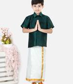 BownBee South Indian Mundu Dhoti with Half SleeveSilk Blend Shirt - Green