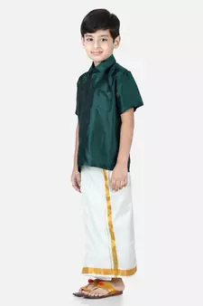 BownBee South Indian Mundu Dhoti with Half SleeveSilk Blend Shirt - Green