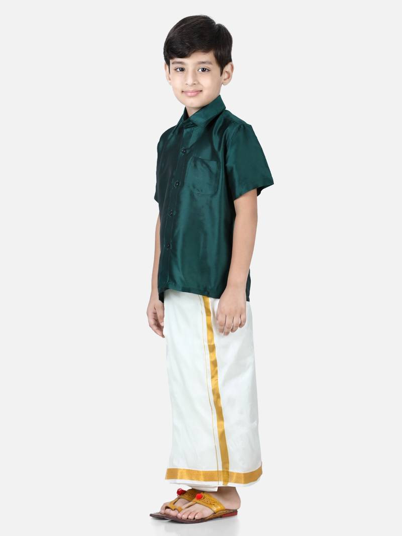 BownBee South Indian Mundu Dhoti with Half SleeveSilk Blend Shirt - Green