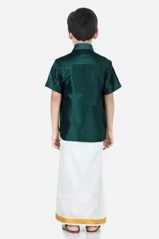 BownBee South Indian Mundu Dhoti with Half SleeveSilk Blend Shirt - Green