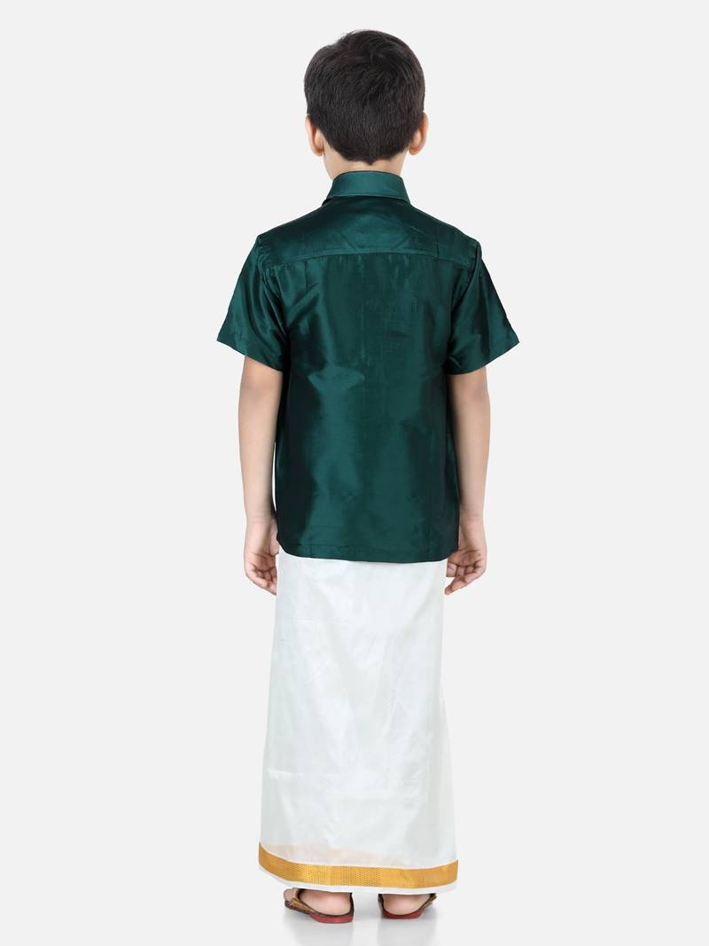 BownBee South Indian Mundu Dhoti with Half SleeveSilk Blend Shirt - Green