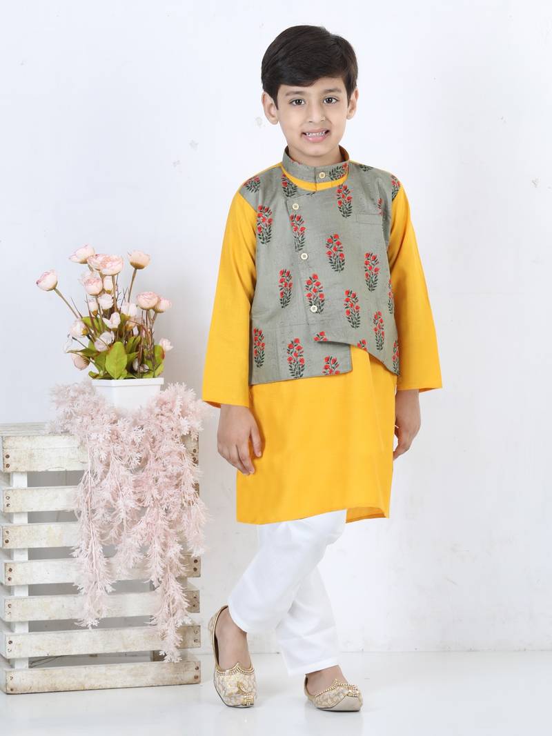 BownBee Printed Attached Jacket Cotton Kurta Pajama - Gray