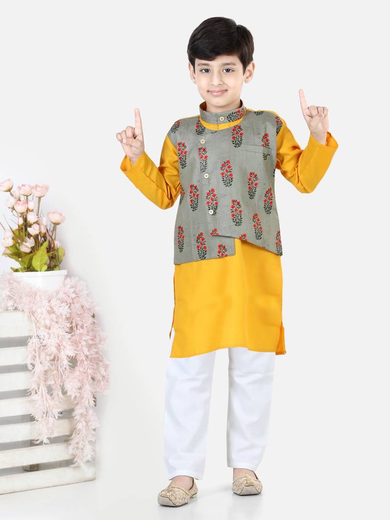 BownBee Printed Attached Jacket Cotton Kurta Pajama - Gray