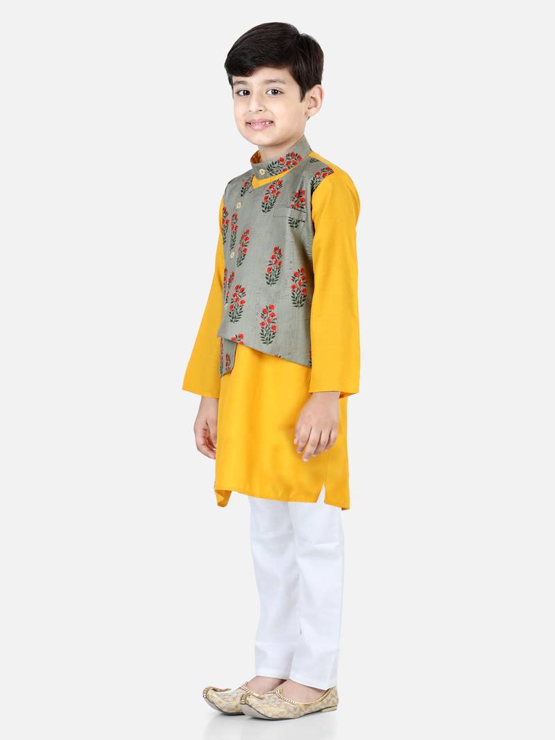 BownBee Printed Attached Jacket Cotton Kurta Pajama - Gray