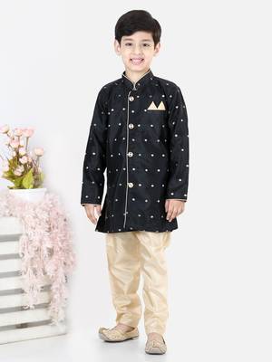 BownBeeFull SleeveSilk Blend Sherwani - Black 1