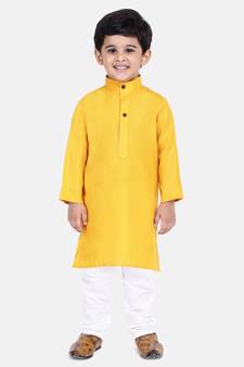 BownBee Boys Stand Collar Cotton Kurta pajama-Yellow
