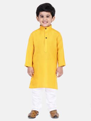 BownBee Boys Stand Collar Cotton Kurta pajama-Yellow 1