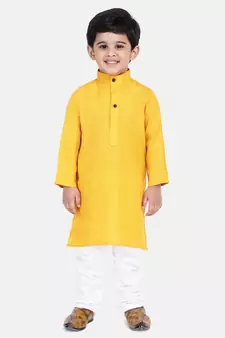 BownBee Boys Stand Collar Cotton Kurta pajama-Yellow