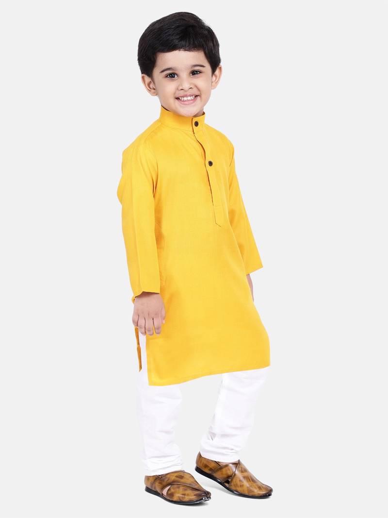 BownBee Boys Stand Collar Cotton Kurta pajama-Yellow