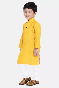 BownBee Boys Stand Collar Cotton Kurta pajama-Yellow