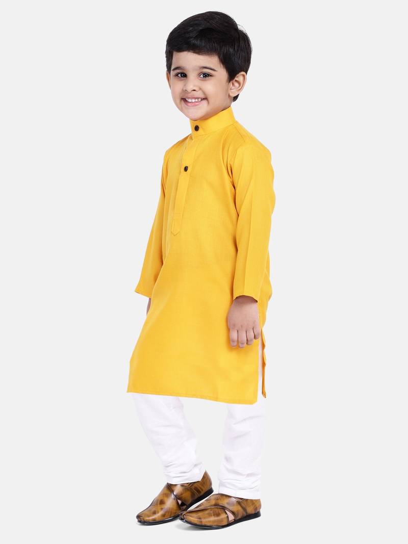 BownBee Boys Stand Collar Cotton Kurta pajama-Yellow