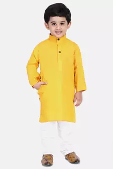 BownBee Boys Stand Collar Cotton Kurta pajama-Yellow