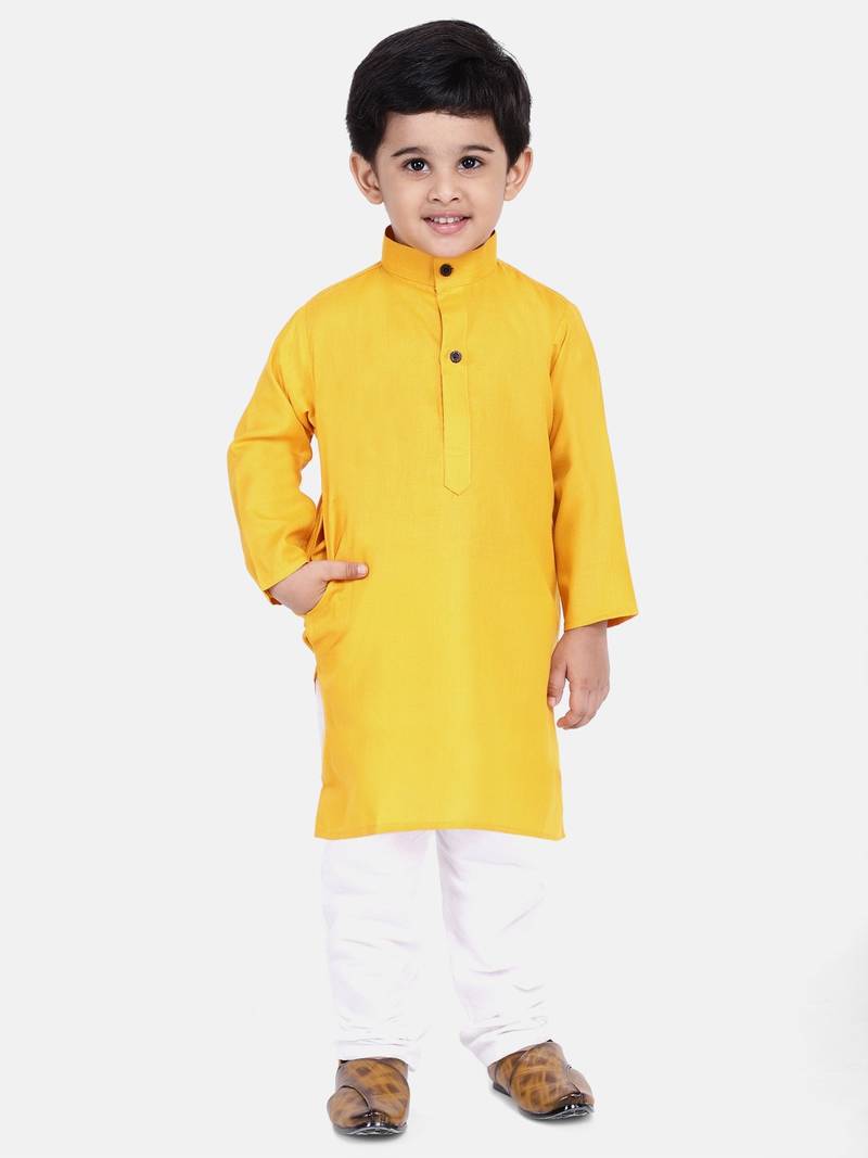 BownBee Boys Stand Collar Cotton Kurta pajama-Yellow