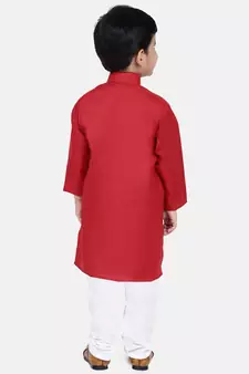 BownBee Boys Stand Collar Cotton Kurta pajama-Red