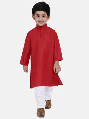 BownBee Boys Stand Collar Cotton Kurta pajama-Red 1