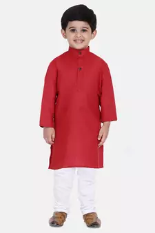BownBee Boys Stand Collar Cotton Kurta pajama-Red