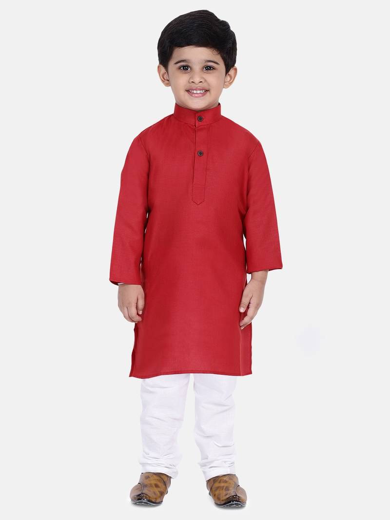 BownBee Boys Stand Collar Cotton Kurta pajama-Red