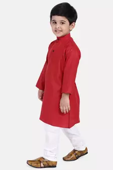 BownBee Boys Stand Collar Cotton Kurta pajama-Red