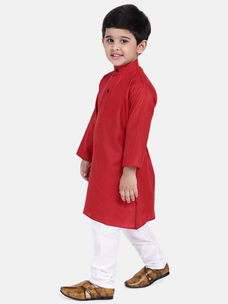 BownBee Boys Stand Collar Cotton Kurta pajama-Red