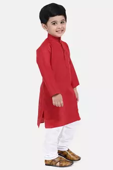 BownBee Boys Stand Collar Cotton Kurta pajama-Red