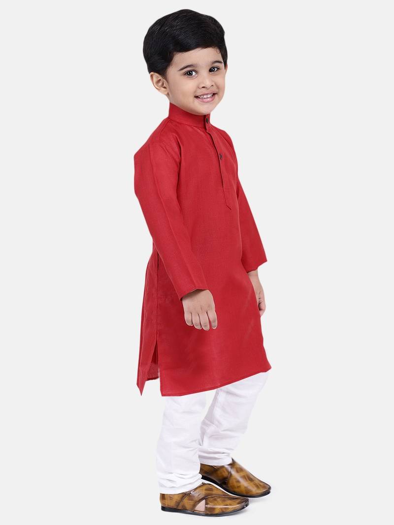 BownBee Boys Stand Collar Cotton Kurta pajama-Red