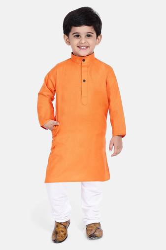 BownBee Boys Stand Collar Cotton Kurta pajama-Orange