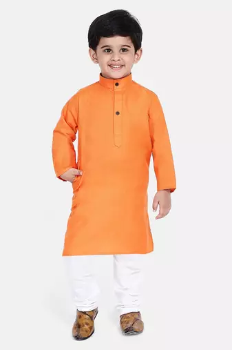 BownBee Boys Stand Collar Cotton Kurta pajama-Orange