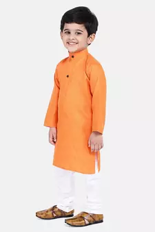 BownBee Boys Stand Collar Cotton Kurta pajama-Orange