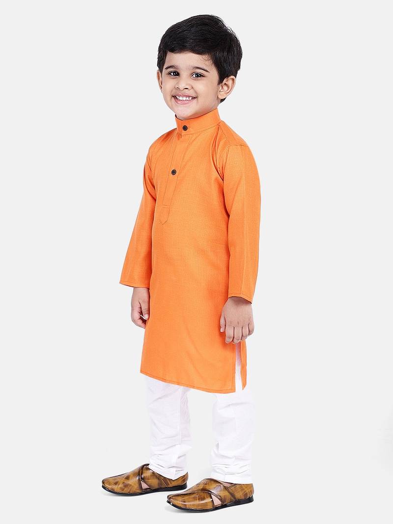 BownBee Boys Stand Collar Cotton Kurta pajama-Orange