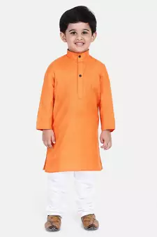 BownBee Boys Stand Collar Cotton Kurta pajama-Orange