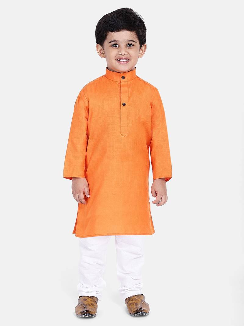 BownBee Boys Stand Collar Cotton Kurta pajama-Orange