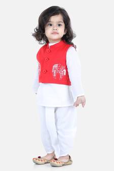 BownBee Front Open Embroidered Jacket with Kurta Dhoti - Red