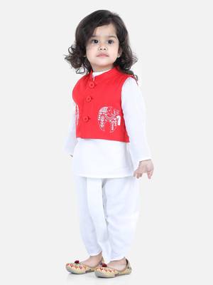 BownBee Front Open Embroidered Jacket with Kurta Dhoti - Red 1