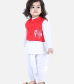 BownBee Front Open Embroidered Jacket with Kurta Dhoti - Red