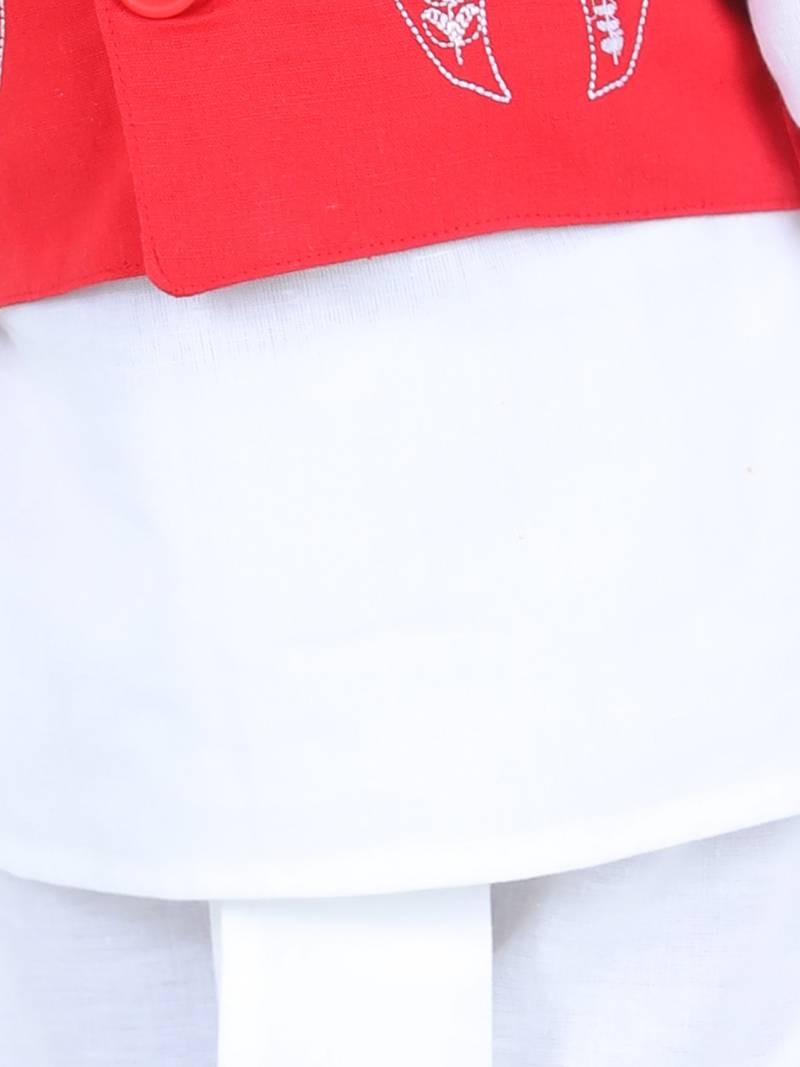 BownBee Front Open Embroidered Jacket with Kurta Dhoti - Red