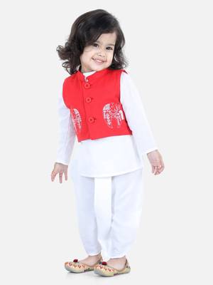 BownBee Front Open Embroidered Jacket with Kurta Dhoti - Red 3