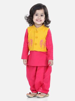 BownBee Front Open Embroidered jacket with Kurta Dhoti - Yellow 1